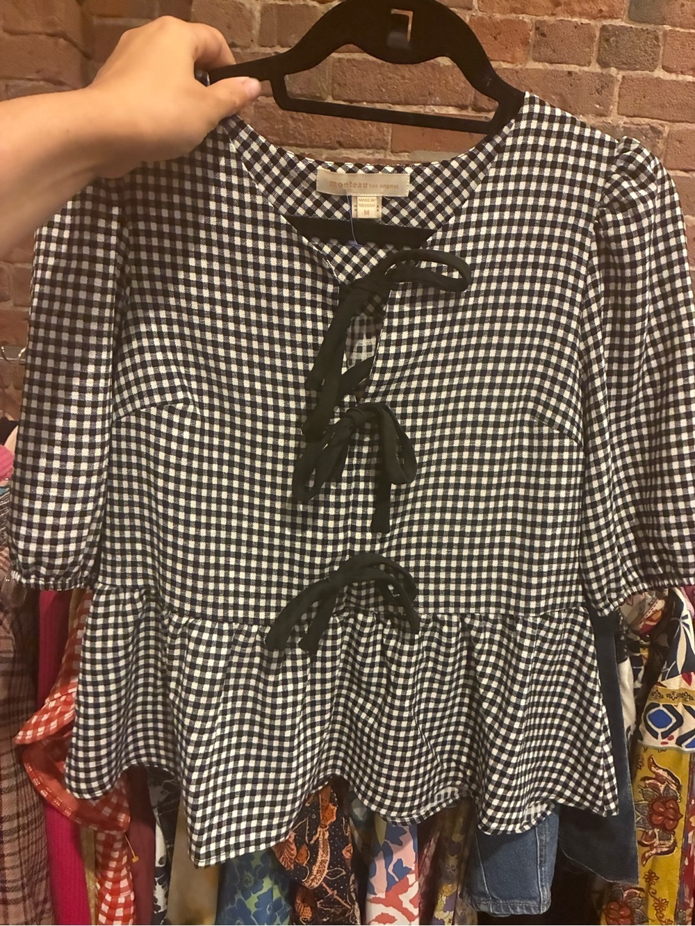 Monteau Gingham Lace-Up Peplum Top - Black/White